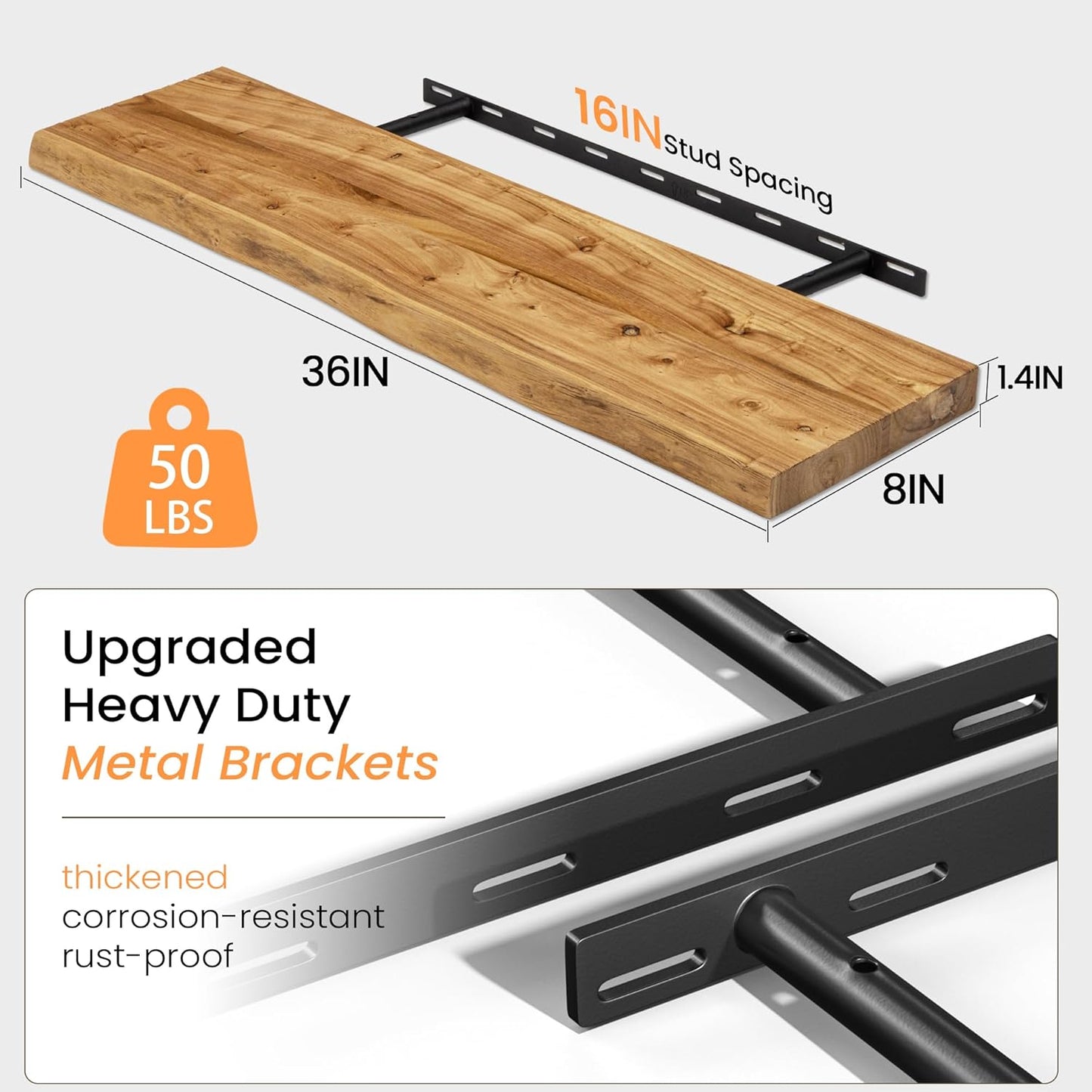 Floating Shelves 36 Inches Long - 8 Inch Deep Rustic Premium Solid Pine Wood for Storage - Farmhouse Wall Mounted for Living Room - Heavy-Duty Metal Bracket - 36" W x 8" D - Set of 2 - White Color