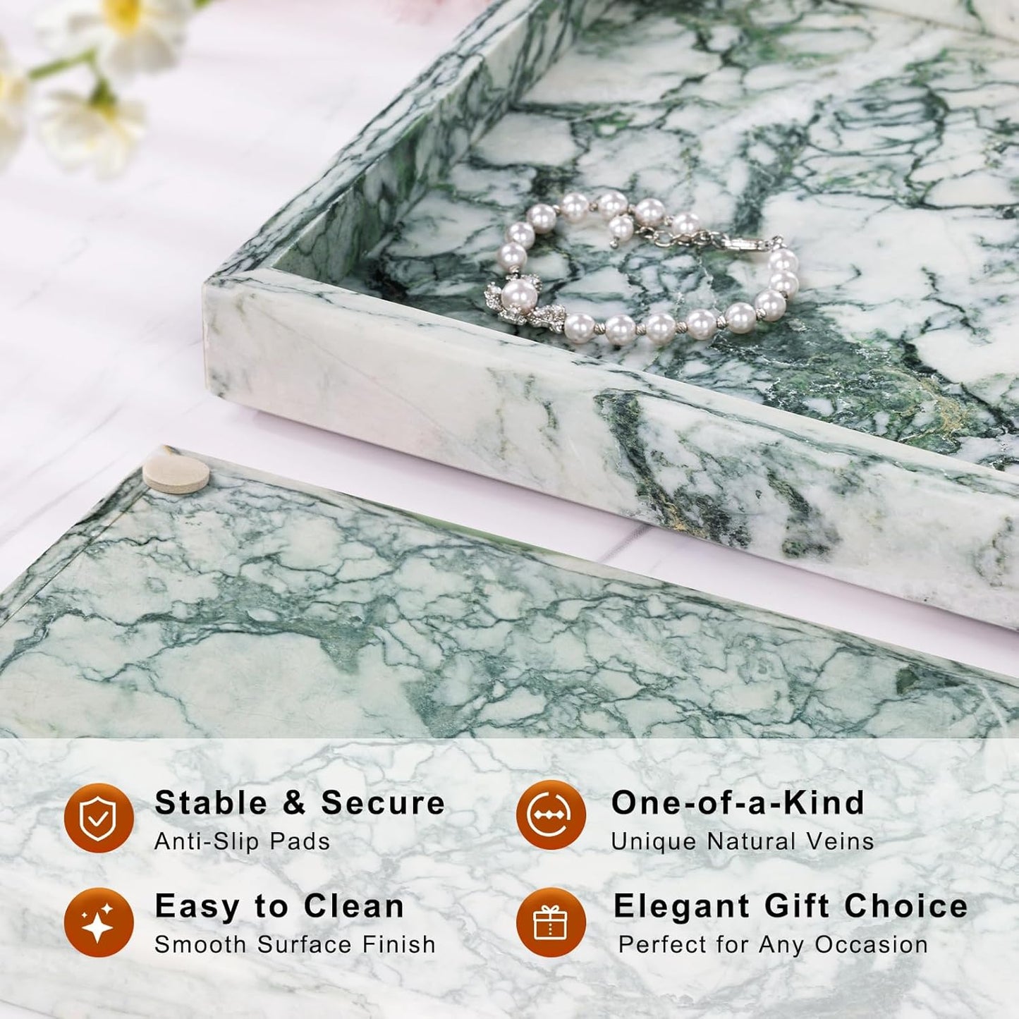 Marble Bathroom Tray for Countertop & Home Decor, Natural Decorative Marble Tray for Jewelry & Perfume Organizer, Luxury Stone Vanity Trays for Dresser, Kitchen Counter, 12" x 8", Gray Black