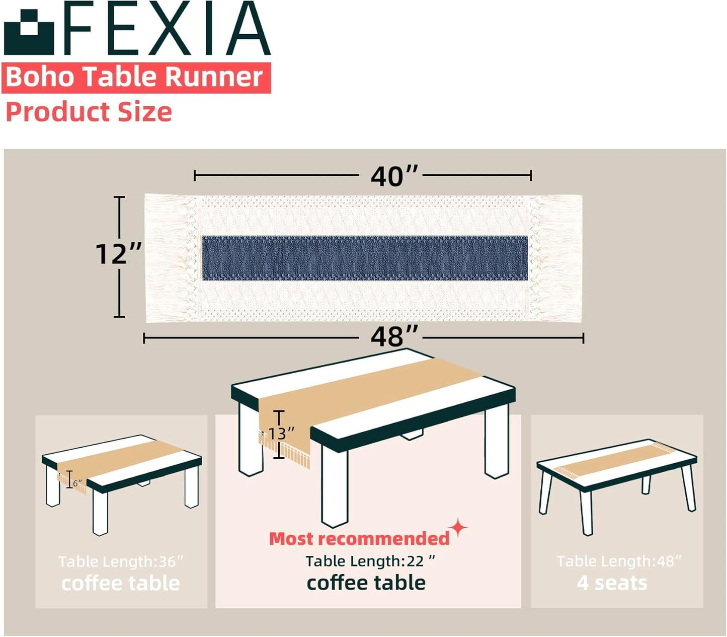 FEXIA Boho Table Runner for Thanksgiving Fall Christmas Home Decor with Tassels 72 Inches Long Pottery barn Furniture Farmhouse Rustic Macrame Burlap Table Decoration for Living Room (12x72 Inches)