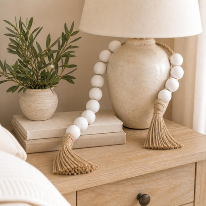 OMISHE Extra Large Wood Bead Garland with 1.6" Diameter Wooden Beads and Tassels, 41" Long Rustic Farmhouse Country Decorative Beads for Home Tiered Tray Decor, Natural Beige