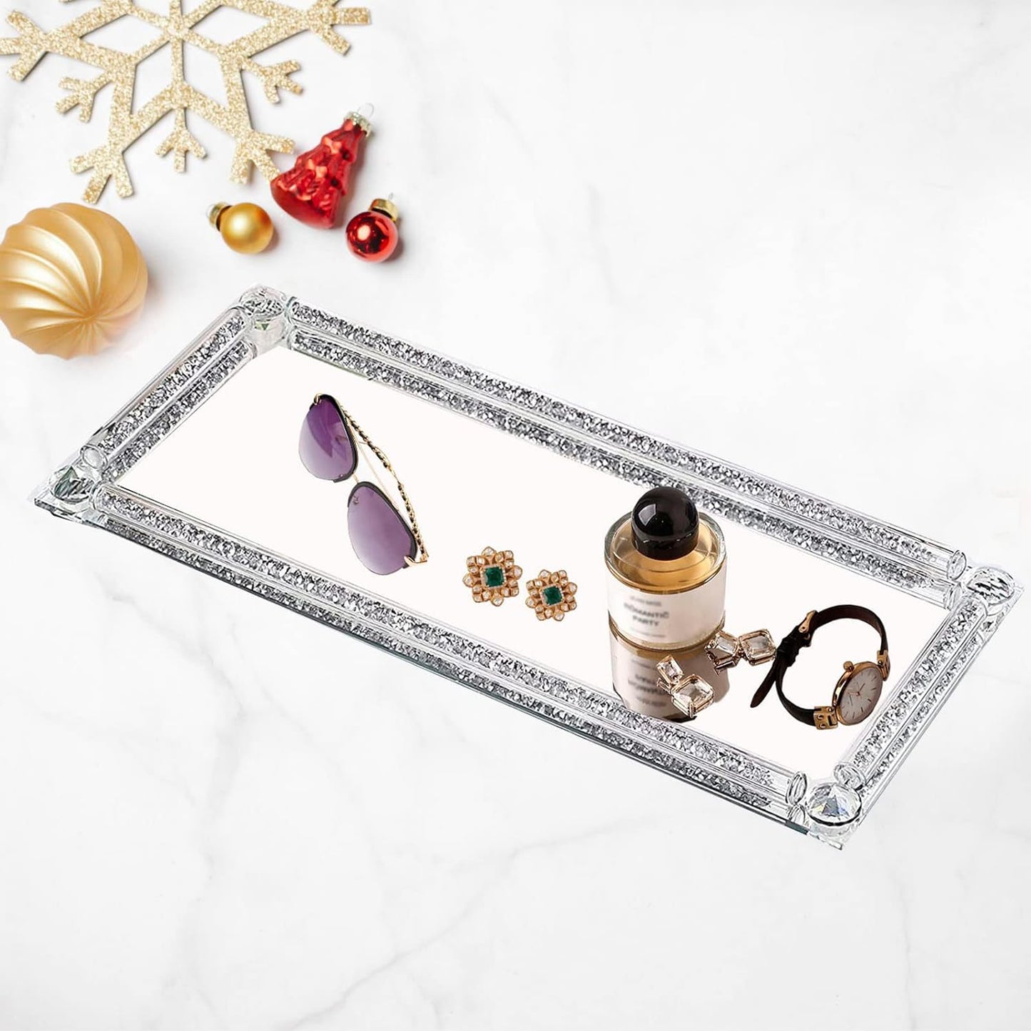 Crystal Glass Tray, Modern Mirror Jewelry Dresser Trinket Trays with Crushed Diamond, 11.8" x 7.9"Rectangular Makeup Perfume Tray for Bathroom Bedroom, Home Decor, Hotel Banquet, Party(Silver)