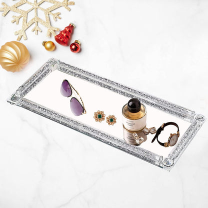 Crystal Glass Tray, Modern Mirror Jewelry Dresser Trinket Trays with Crushed Diamond, 11.8" x 7.9"Rectangular Makeup Perfume Tray for Bathroom Bedroom, Home Decor, Hotel Banquet, Party(Silver)