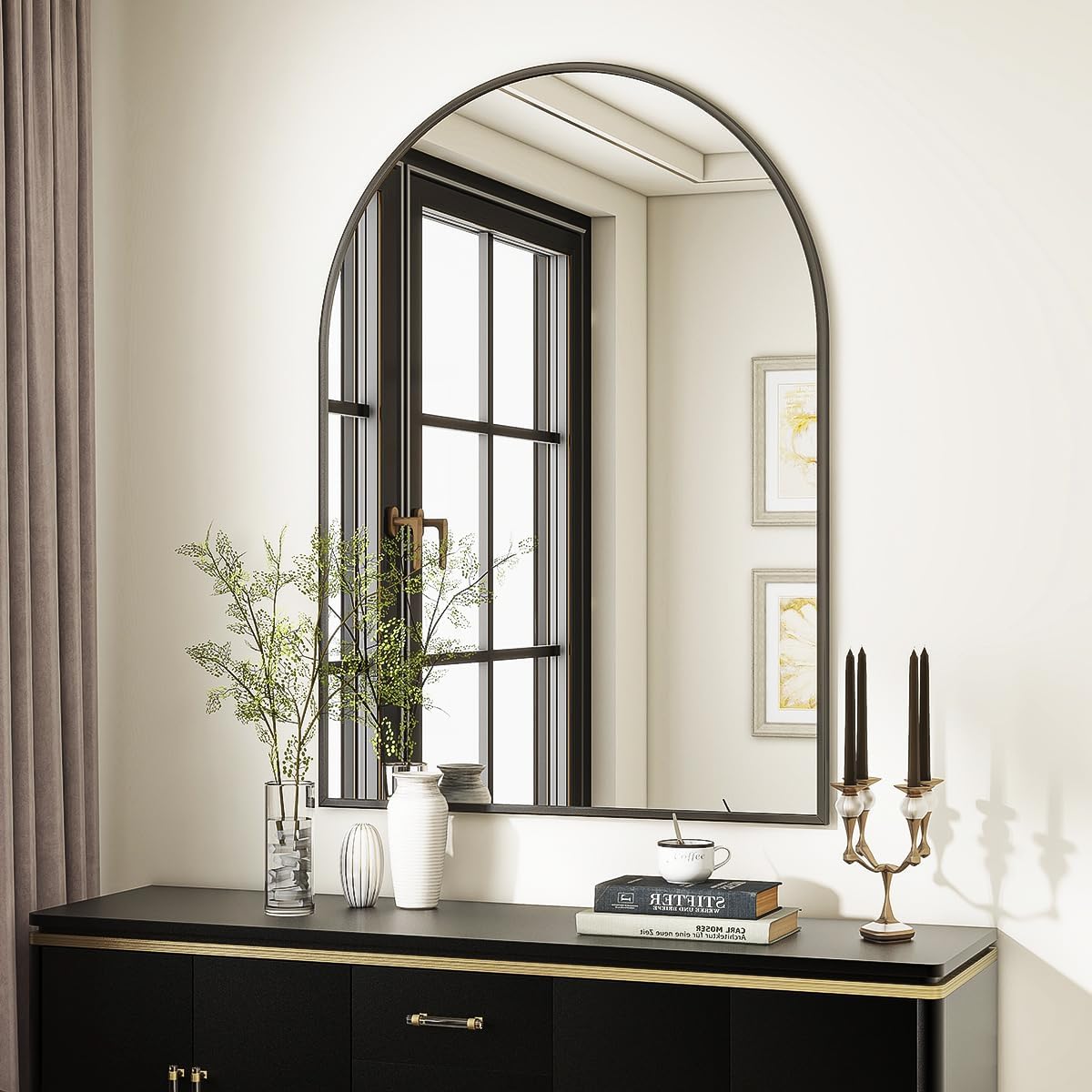 VooBang Arched Wall Mirror, 24 x 36 inch Arch Bathroom Mirror, Wall Mounted Vanity Mirror with Arch Metal Frame, Modern Bathroom Vanity Mirror for Bedroom, Living Room, Hanging or Leaning, Black