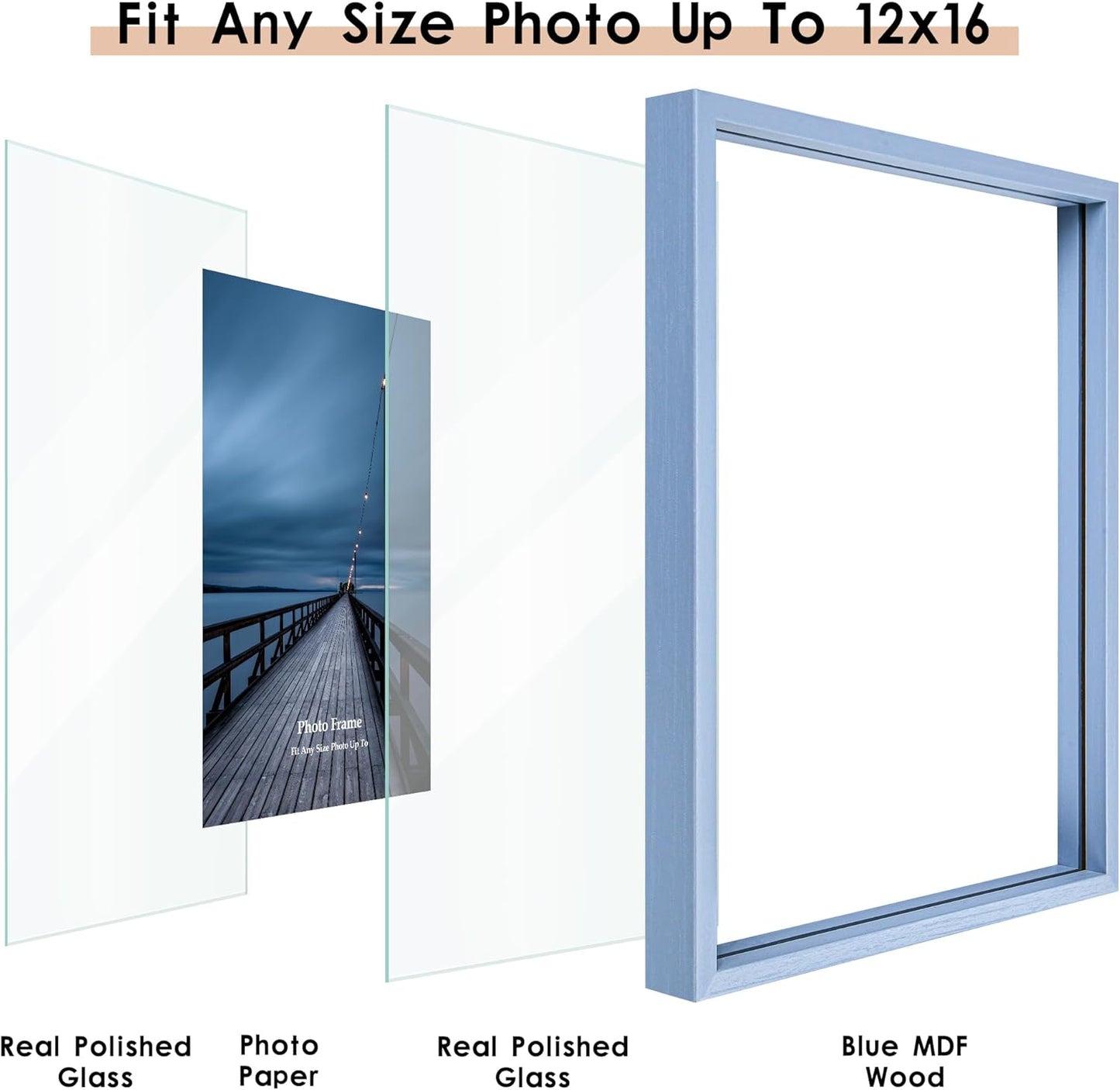 MUYE 11x14 Floating Frame Set of 2,Double Glass Rustic Frame,Display Any Size Photo up to 11x14,Wall Mount or Tabletop Standing,Natural