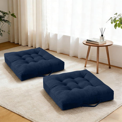 Floor Pillow Dark Grey Washable Floor Sitting Cushions 18x18 Inch 2-Pack, Meditation Yoga Pillows for Sitting on Floor Tufted Corduroy Seat Pads with Handle for Office Dining Room Seats