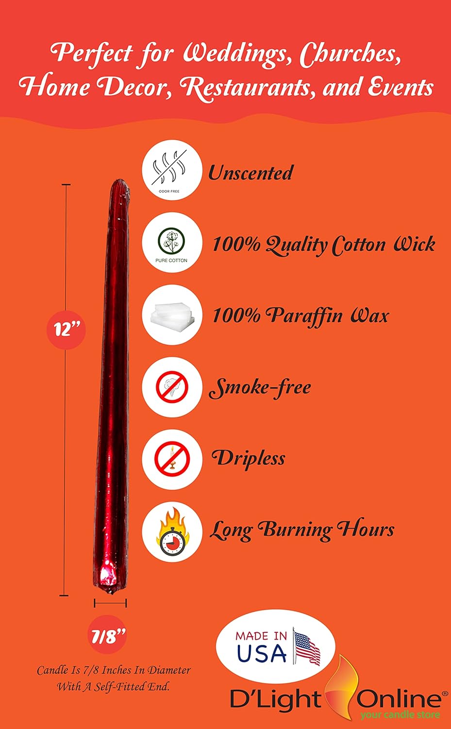 D'light Online White Taper Candles, 10 Inch Premium Quality Candles Hand-Dipped Tapered Candles, Dripless, Smokeless and Unwrapped Bulk Pack for Events - Set of 12 (10 Inch, White)