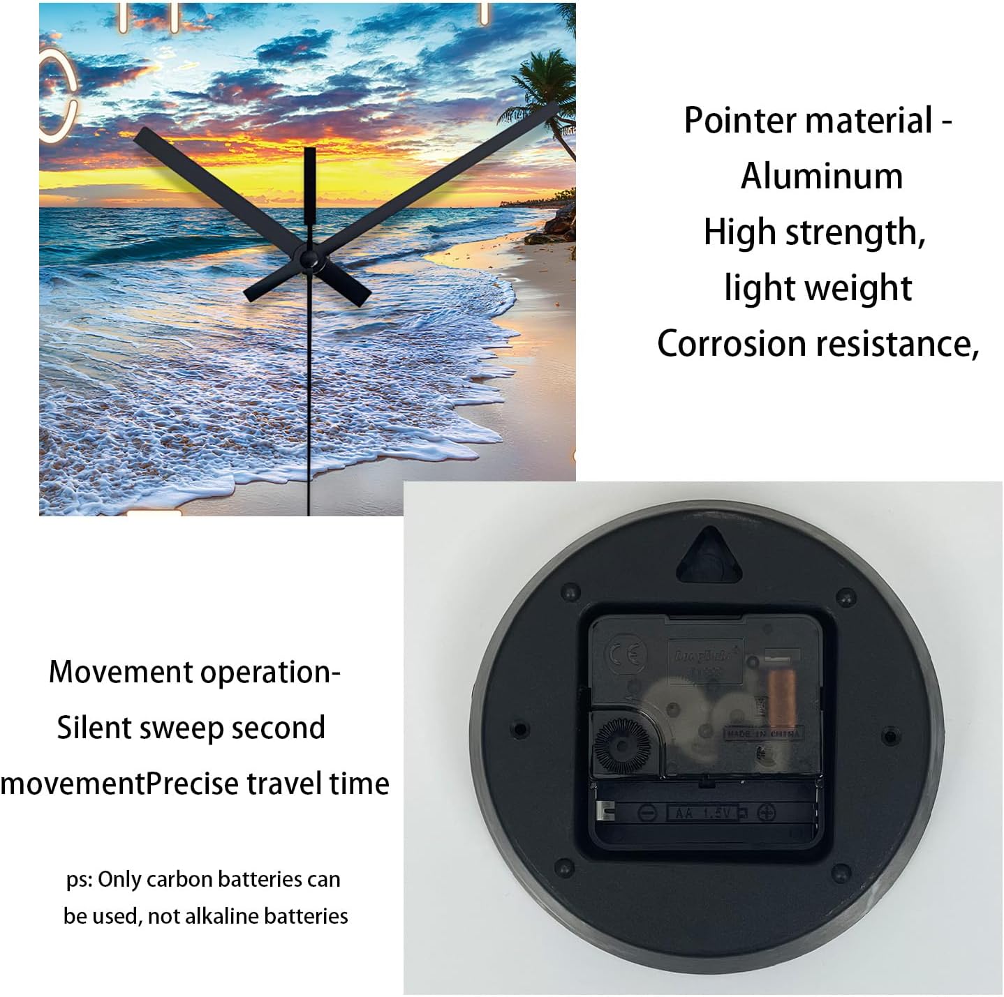 Beach Wall Clock Battery Operated 12 Inch Glass Wall Clock Non Ticking Analog Blue Wall Clocks for Bedroom Living Room Office Decor