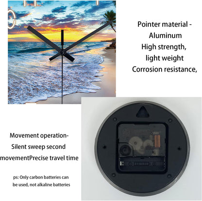 Beach Wall Clock Battery Operated 12 Inch Glass Wall Clock Non Ticking Analog Blue Wall Clocks for Bedroom Living Room Office Decor