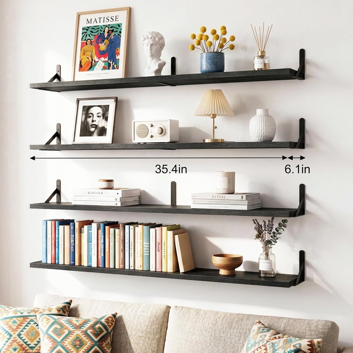 YGEOMER Floating Shelves for Wall, Different Sizes Dark Carbonized Brown Wall Shelves for Living Room, Bathroom, Bedroom, Kitchen, Home Decor (Set of 4)