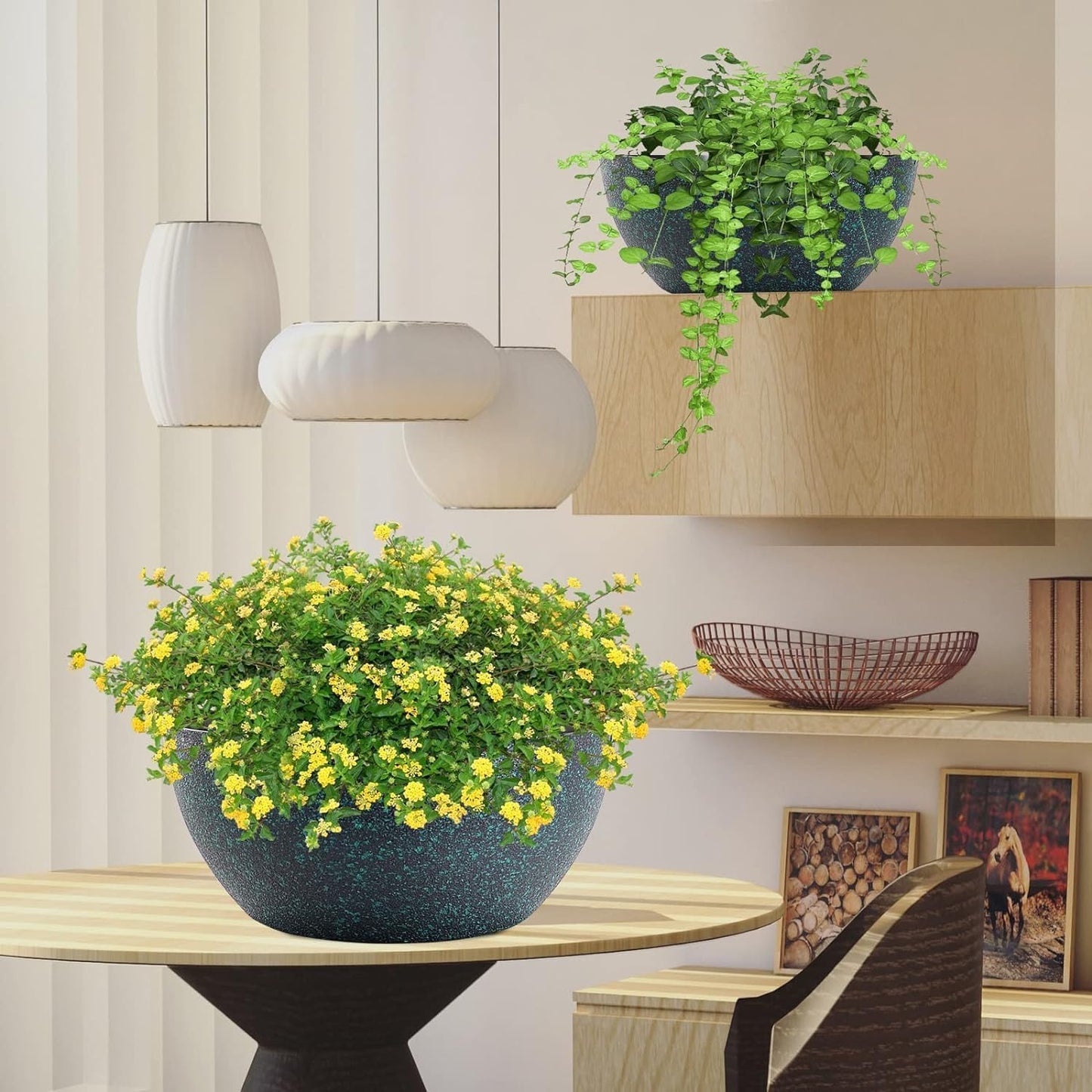 WSMKSZ 10 inch Hanging Planters for Outdoor Indoor Plants with Drainage Holes and Chain, 2 Pack Round Hanging Flower Pots for Garden Home Porch Decor, Black
