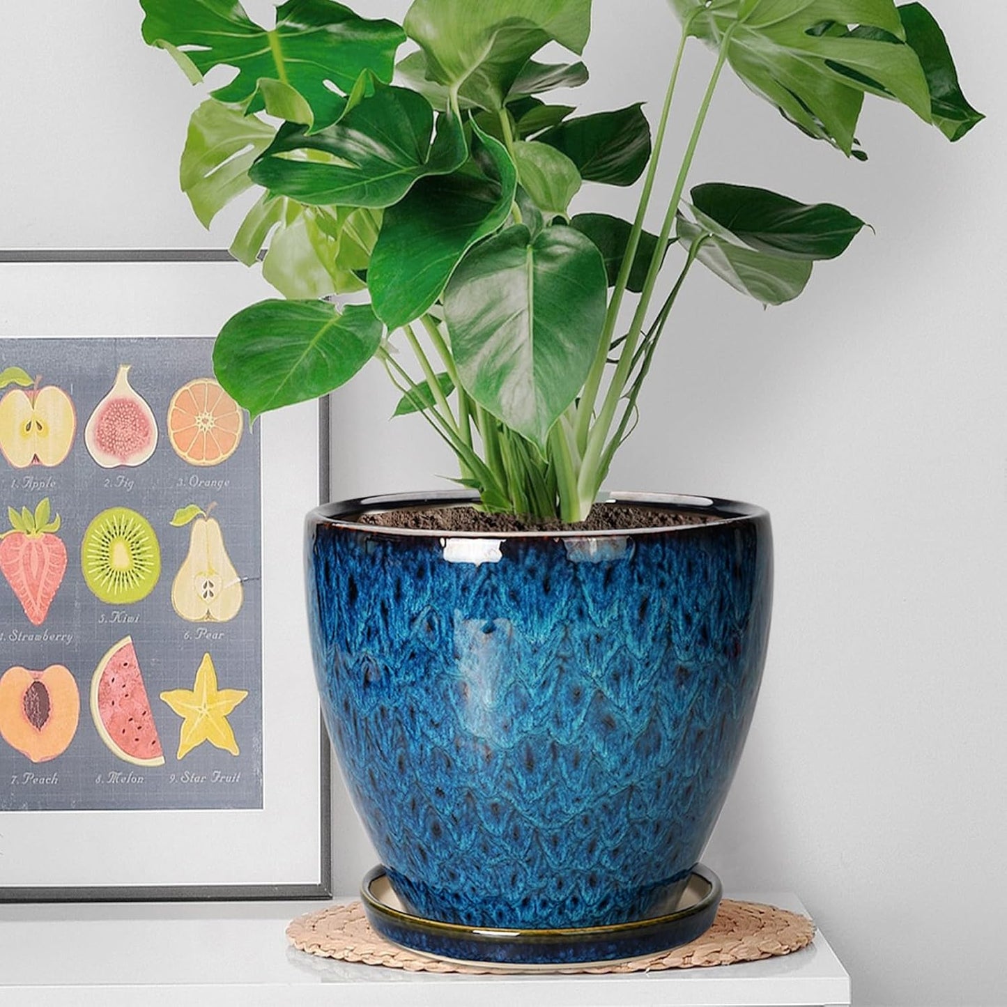 10 Inch Ceramic Planter Pot Round Plant Pot for Indoor Plants Outdoor Large Flower Pot with Drainage Hole and Saucer Blue