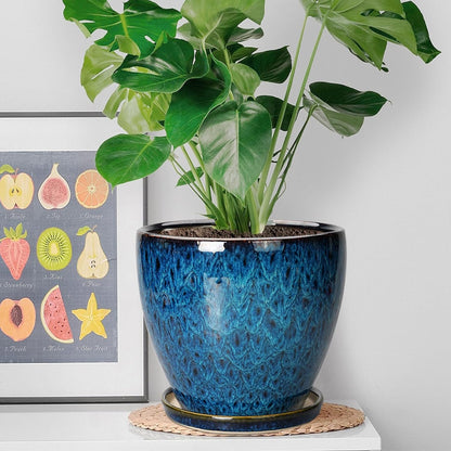 10 Inch Ceramic Planter Pot Round Plant Pot for Indoor Plants Outdoor Large Flower Pot with Drainage Hole and Saucer Blue