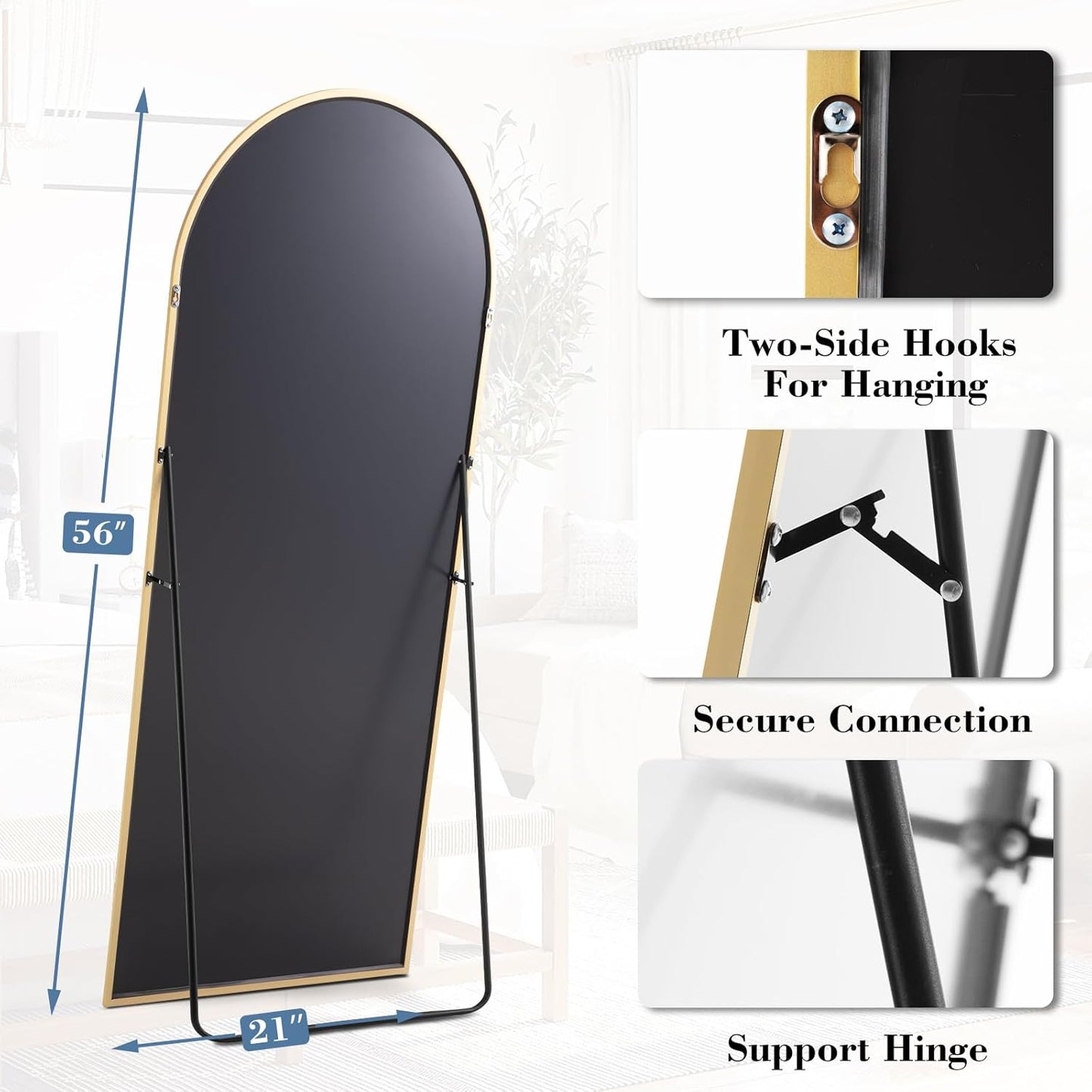DUMOS Arched Full Length Mirror with Stand 64"x21" Floor Standing Aluminum Frame for Bedroom Body Hanging Leaning Modern Simple Home Decor Shatter-proorf Nano Glass Wall Living Room Cloakroom Black
