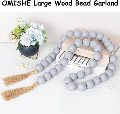OMISHE Extra Large Wood Bead Garland with 1.6" Diameter Wooden Beads and Tassels, 41" Long Rustic Farmhouse Country Decorative Beads for Home Tiered Tray Decor, Natural Beige
