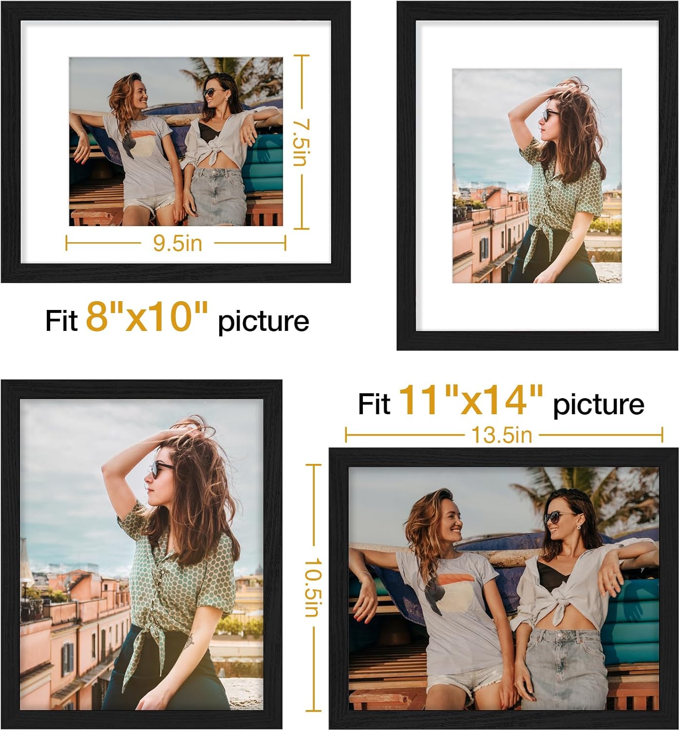 Vittanly 11x14 Picture Frame, Display Pictures 8x10 with Mat or 11x14 without Mat, Photo Frame for Wall Mounting, Black, 1 Pack - Colors A