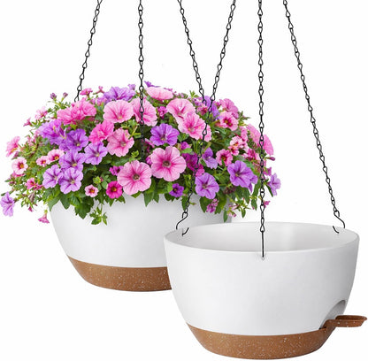 TYMENSH Hanging Plant Pots 12 inch Set of 2, Self Watering Hanging Planters with Drainage Holes, Indoor Outdoor Plastic Flower Pots with Hanging Chains for Balcony, Porch, Garden, Home Décor, Green