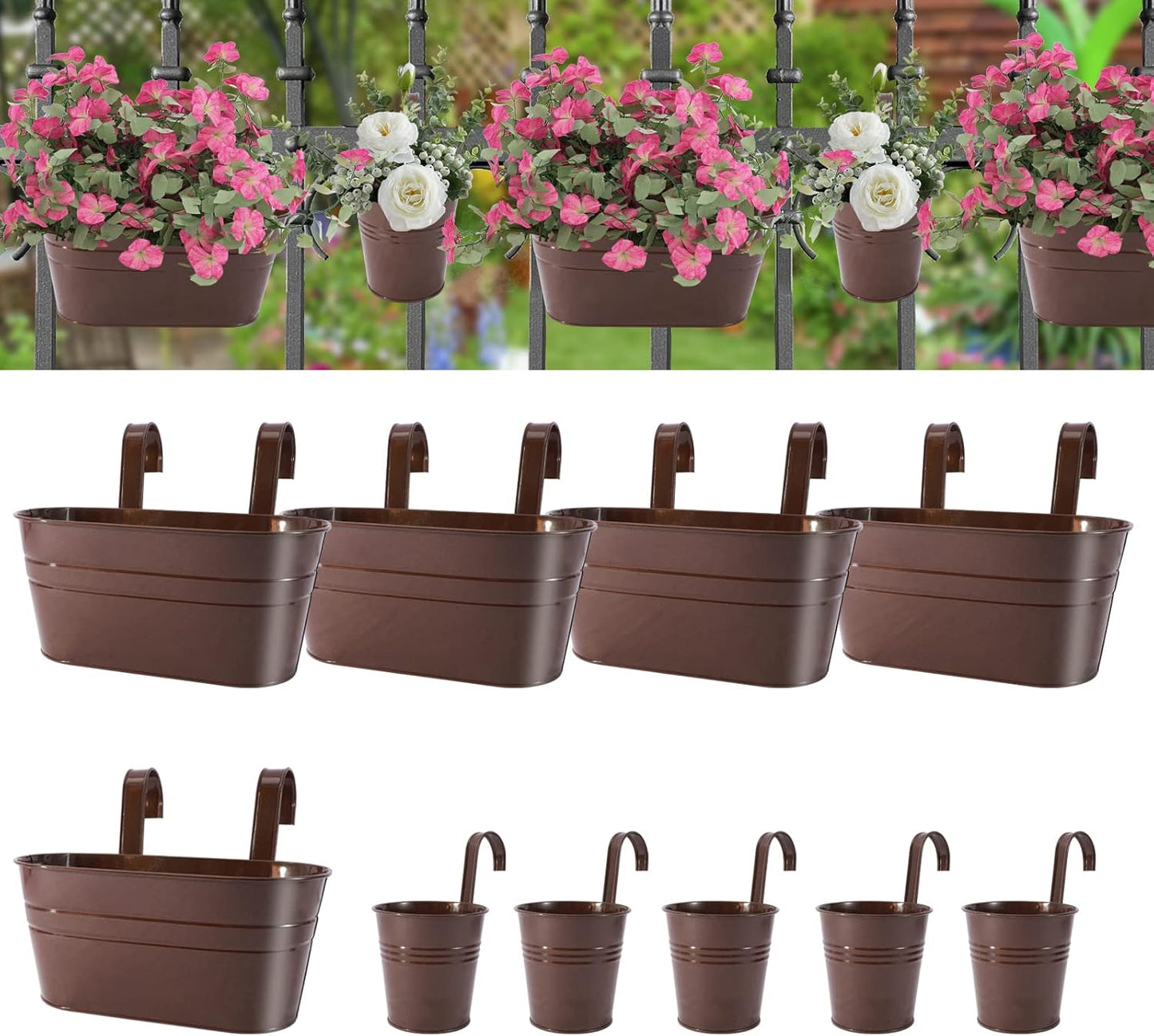 HowRU Metal Iron Flower Pots for Railing Fence Hanging Bucket Pots(5 Pcs) and Hanging Flower Pots Metal Iron Bucket Planter(10 Pcs) (Black)