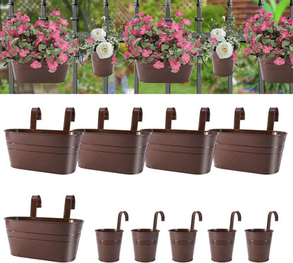 HowRU Metal Iron Flower Pots for Railing Fence Hanging Bucket Pots(5 Pcs) and Hanging Flower Pots Metal Iron Bucket Planter(10 Pcs) (Black)