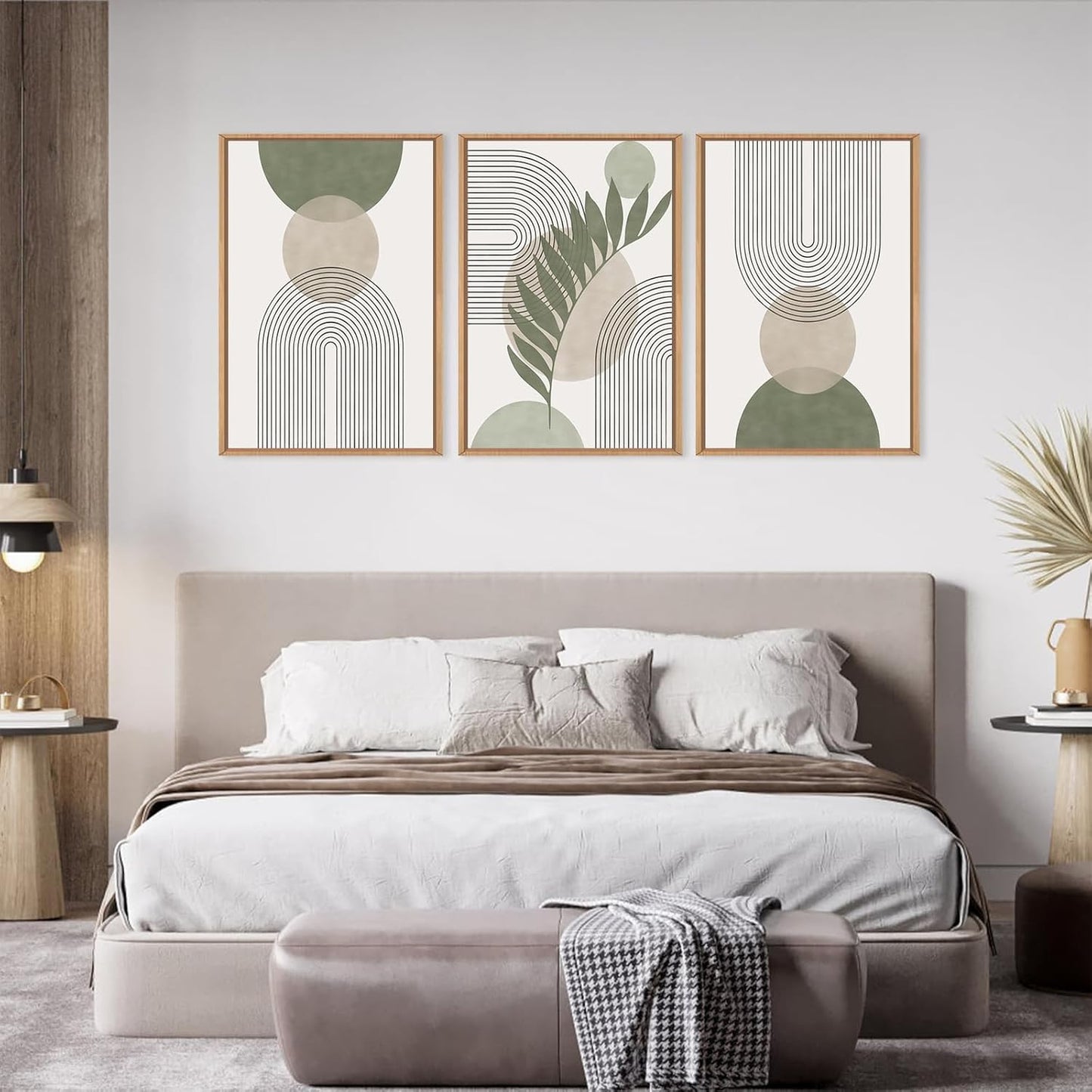 Sage Green Boho Wall Art Set of 3, Minimalist Framed Wall Art Geometric Line Leaf Sun Moon Beige Green Canvas Artwork Paintings, Abstract Botanical Boho Room Decor, Office, 12"x16"