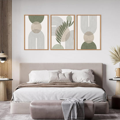 Sage Green Boho Wall Art Set of 3, Minimalist Framed Wall Art Geometric Line Leaf Sun Moon Beige Green Canvas Artwork Paintings, Abstract Botanical Boho Room Decor, Office, 12"x16"