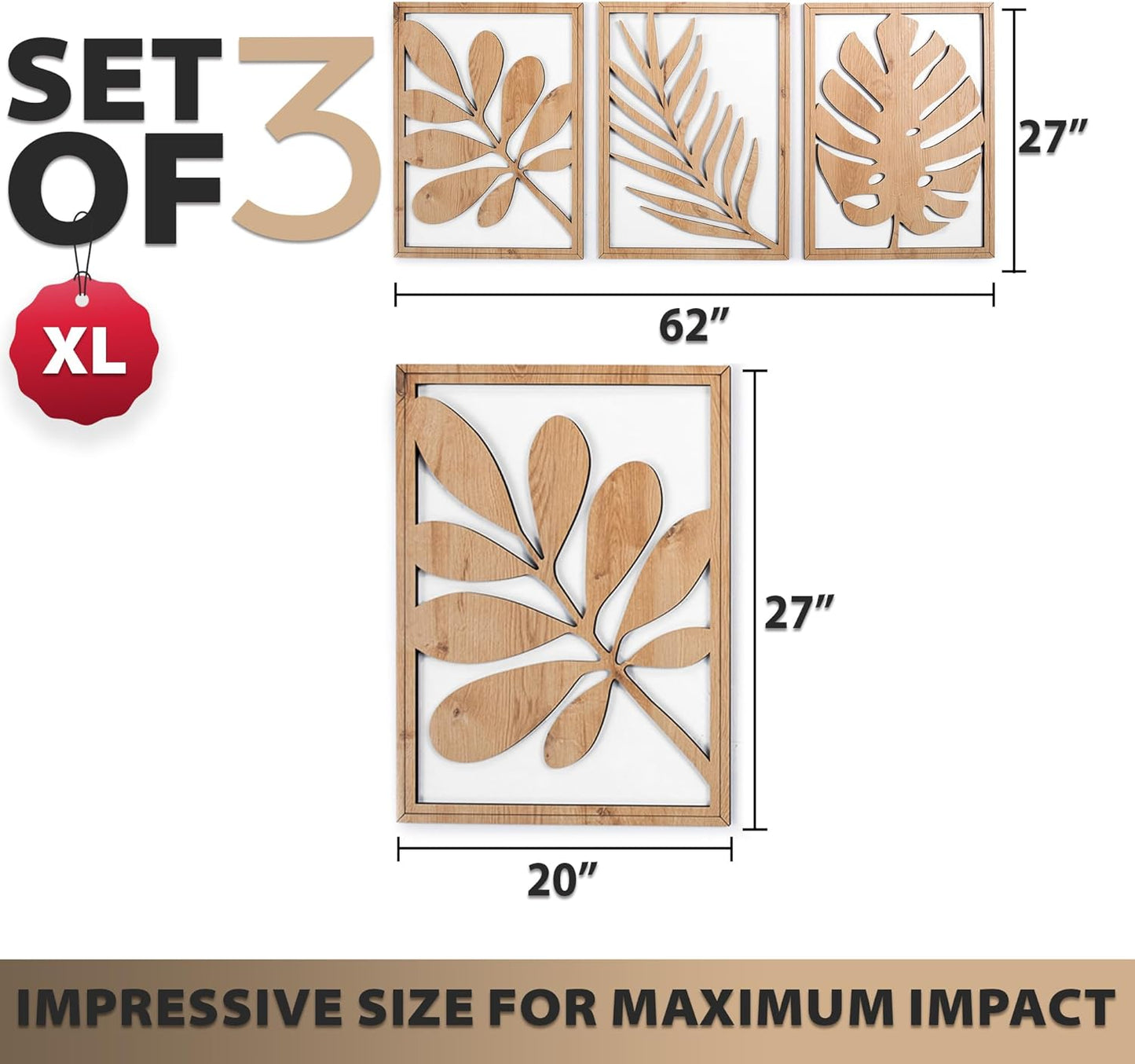 qmmp Modern Wooden Wall Sculptures - Set of 3 - Home Decor Accent - Large Wall Art for Living Room, Bedroom, Office - Easy Installation (Oak, Medium - Mountain and Sun)