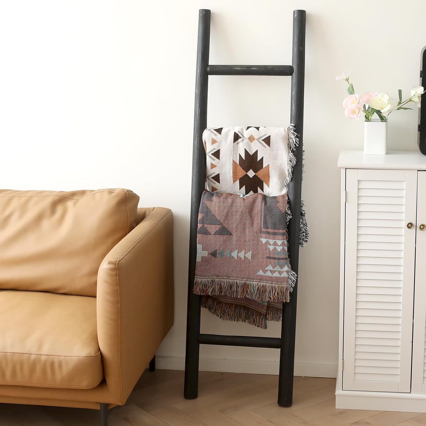 FUIN 57in Wood Blanket Ladder Living Room Decorative Wall Leaning Farmhouse Quilt Display Holder Rustic Wooden Towel Rack for Bathroom, Brown