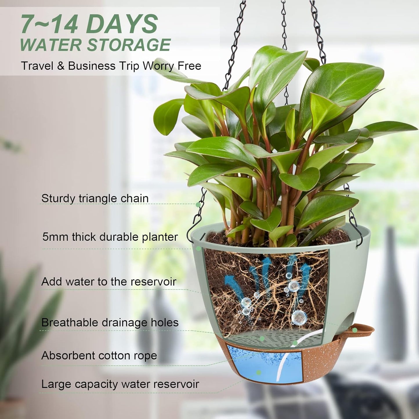 Vanslogreen Hanging Planters for Indoor Outdoor Plants, 2 Pack Self Watering Hanging Pot with Drainage Holes & Removable Tray (Black, 8'')