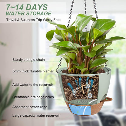 Vanslogreen Hanging Planters for Indoor Outdoor Plants, 2 Pack Self Watering Hanging Pot with Drainage Holes & Removable Tray (Black, 8'')