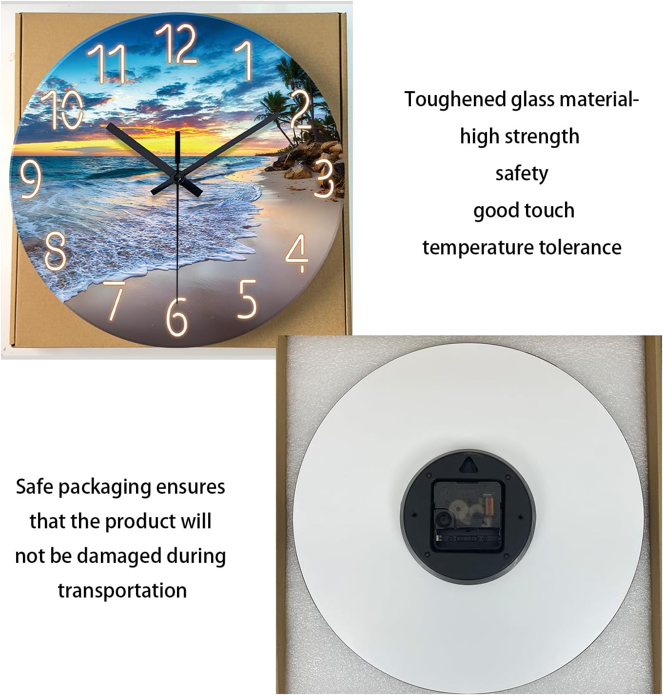 Beach Wall Clock Battery Operated 12 Inch Glass Wall Clock Non Ticking Analog Blue Wall Clocks for Bedroom Living Room Office Decor