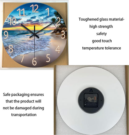 Beach Wall Clock Battery Operated 12 Inch Glass Wall Clock Non Ticking Analog Blue Wall Clocks for Bedroom Living Room Office Decor