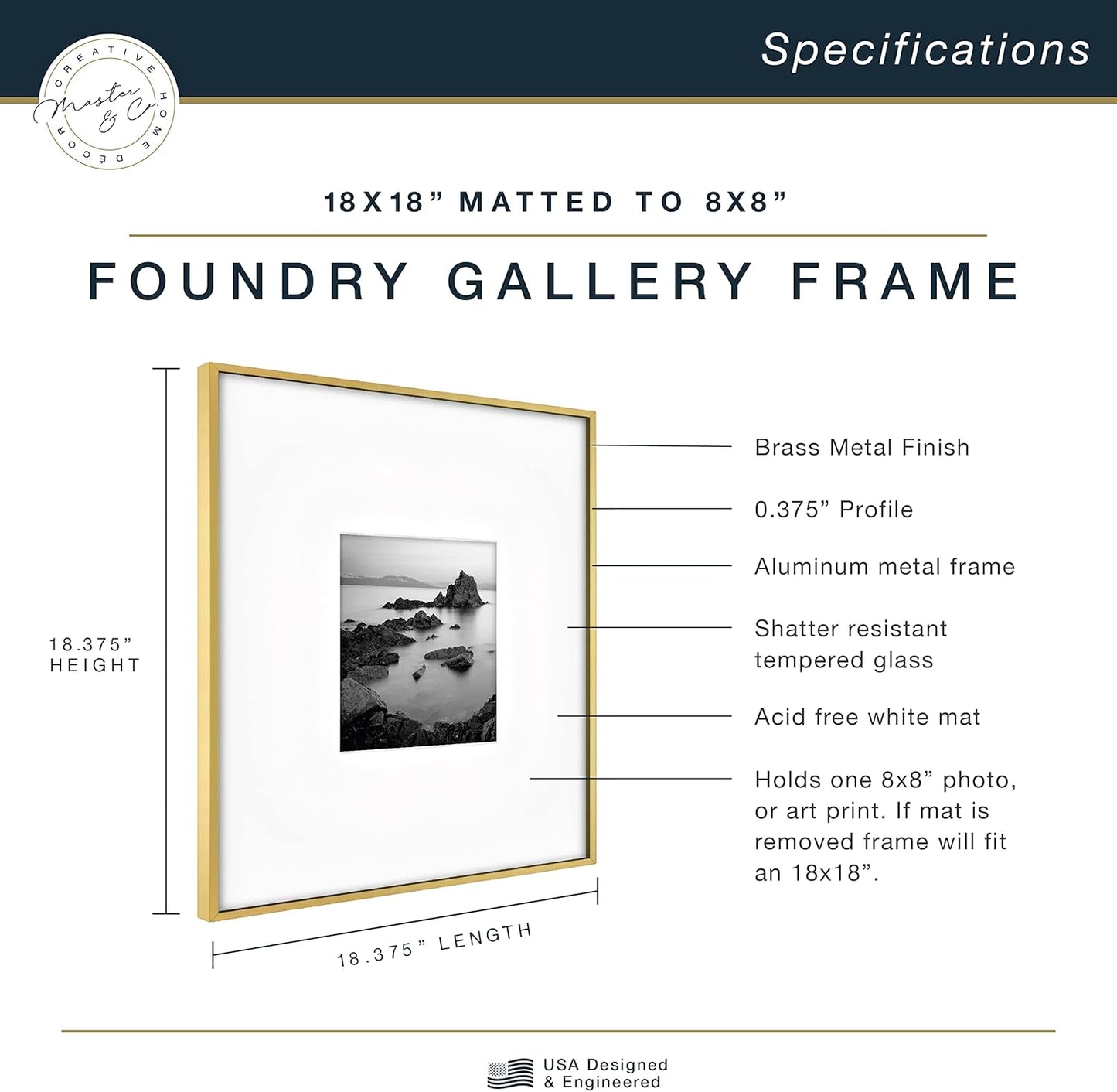 MCS Master & Co. Foundry Metal 18x18 Matted Picture Frame with 8x8 Photo Display, Black Vertical & Horizontal Wall Hanging Frame for Photos & Artwork (1-Pack)