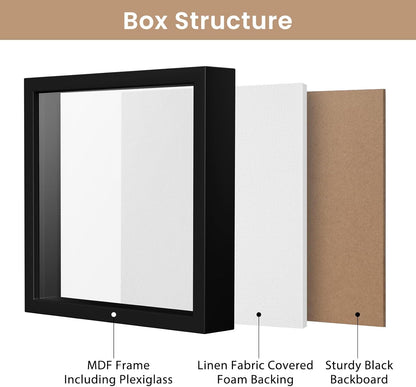 Califortree 8x8 Shadow Box Frame with Soft Linen Back - Push Pins Included, Memory Box Display Case for Flower, Tickets and 3D Items, Black