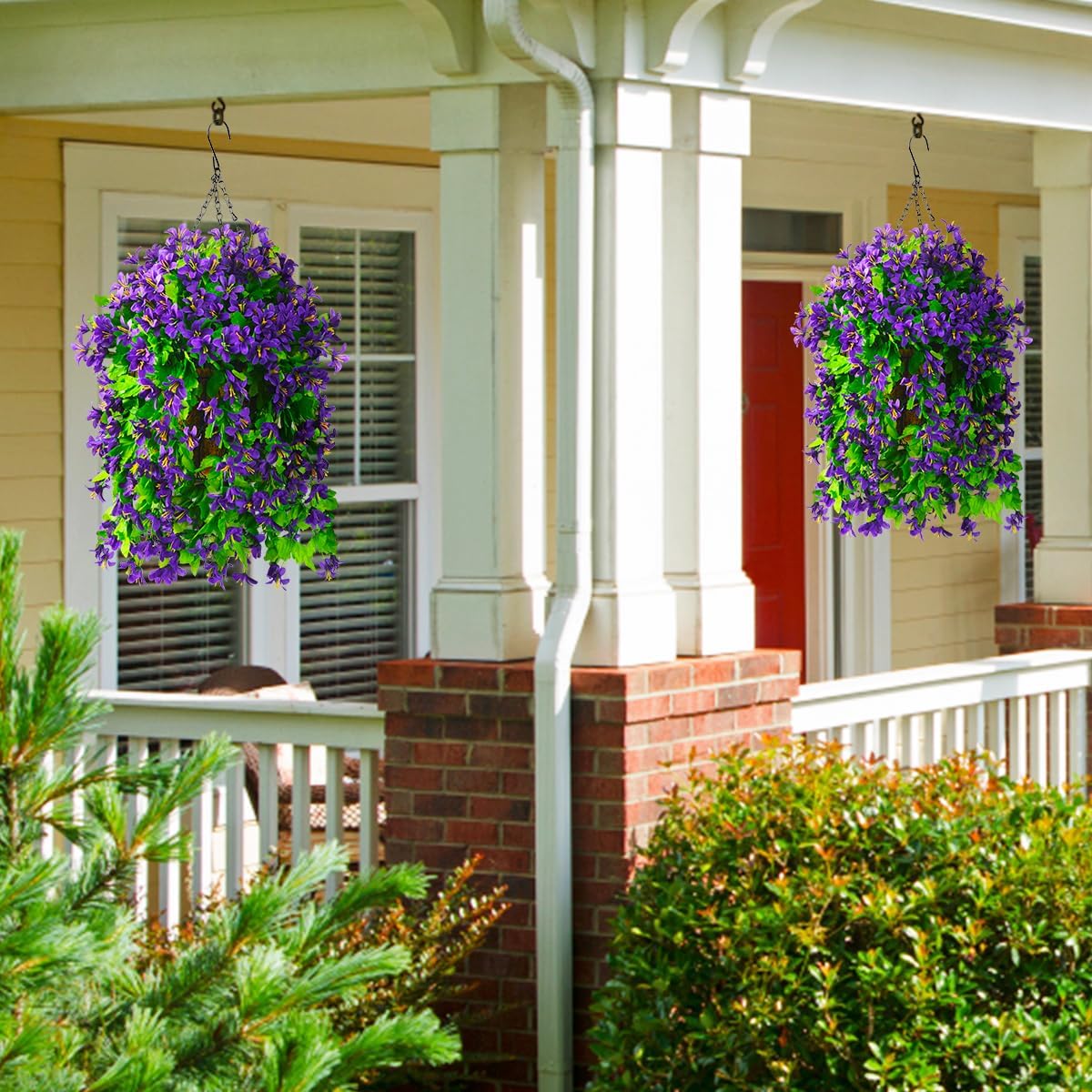 INQCMY Artificial Fake Hanging Plants Flowers Basket for Spring Summer Outdoor Outside Porch Decoration,UV Resistant Faux Silk Violet in Planter for Home Patio Balcony Garden Yard Decor(Red)