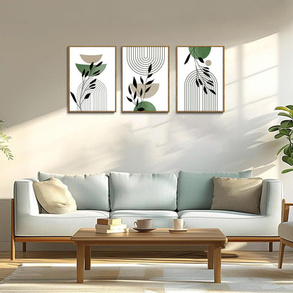 Bwodke Boho Wall Art, Framed Abstract Wall Art, Green Botanical Neutral Canvas Wall Decor, Large Mid Century Plant Pictures Set of 3, Modern Minimalist Paintings, for Bedroom Living Room Bathroom