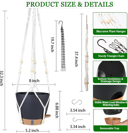 10 Inch Hanging Planters for Indoor Plants, 2 Pack Self Watering Hanging Baskets Flower Pots with Drainage Hole, Visual Reservoir & 2 Kinds of Plant Hanger for Outdoor Garden Home Decor (White)