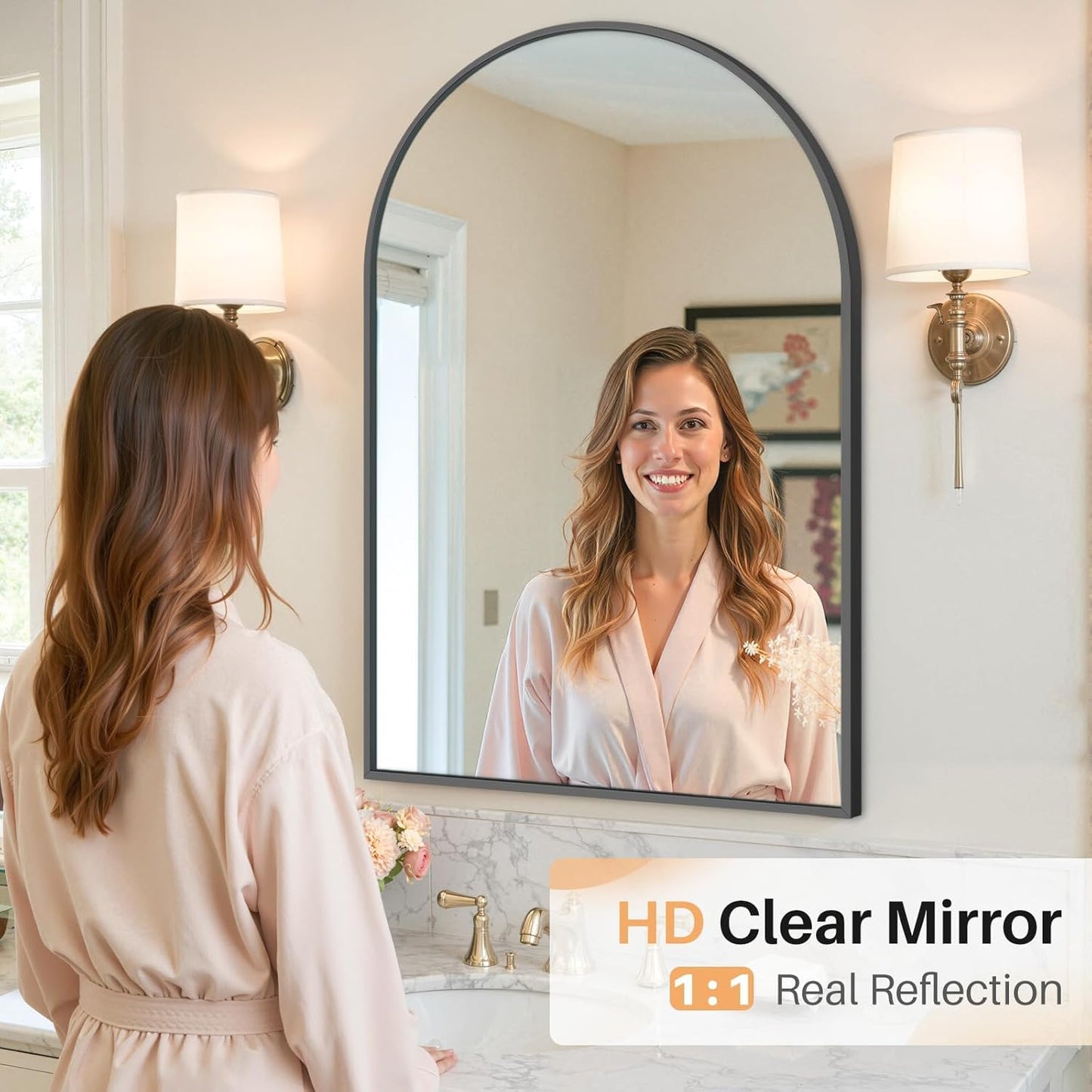 Bathroom Mirror for Wall, 24 Inch Round Mirror, Matte Black Metal Framed Circle Vanity Mirror for Bathroom Bedroom Living Room Entryway, Anti-Rust, Tempered Glass, Hanging or Leaning