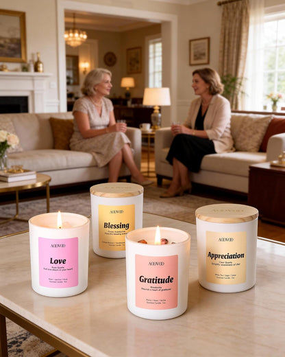 AOOVOO Calm Candles Set for Women - 4 Pack Candles for Home Scented, 28 oz 200 Hour Burn, Aromatherapy Candle with Crystals, Lavender Calm/Jasmine Serenity/Water Lily Pear Harmony/Patchouli Balance