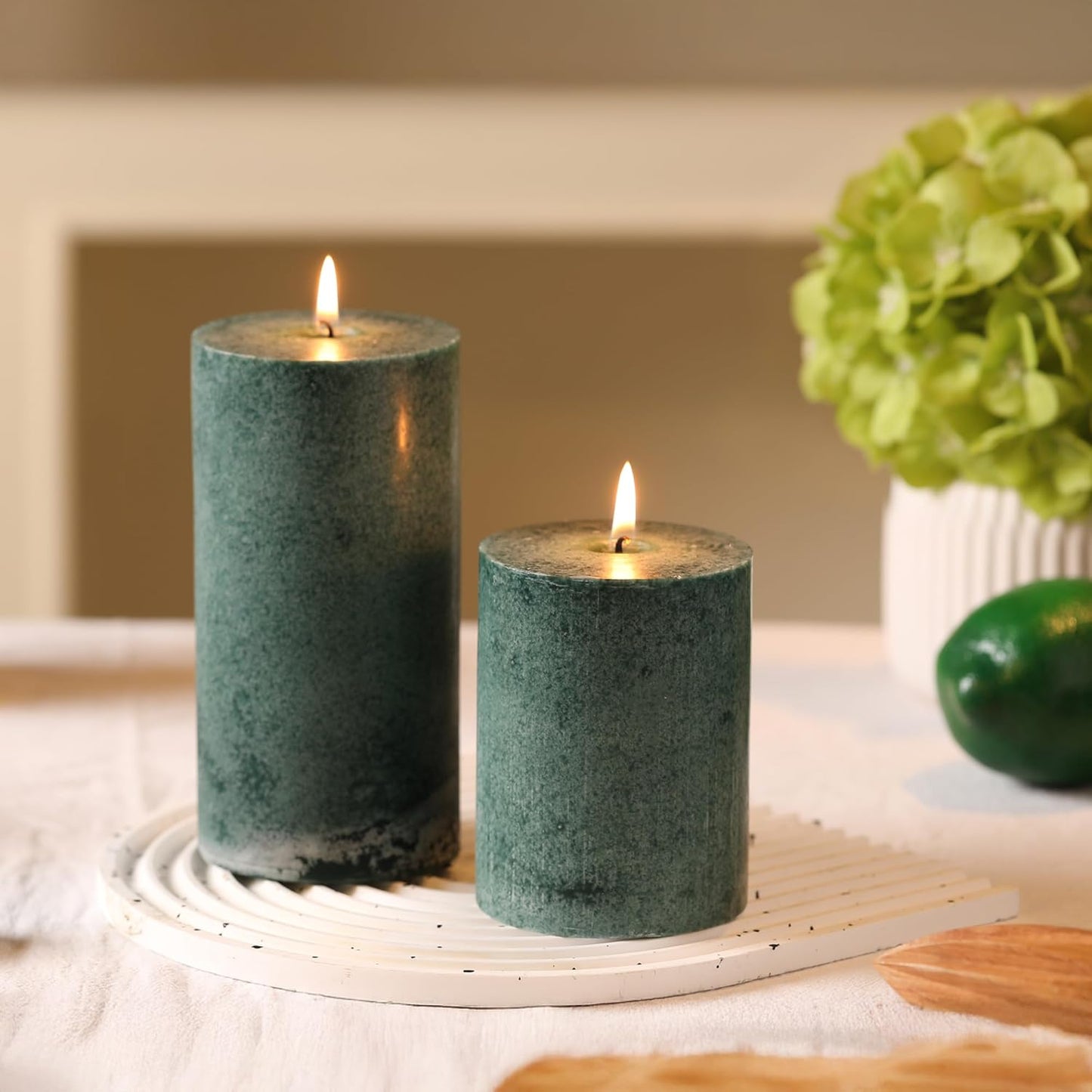 3x4 inch Green Pillar Candles Set of 3, Unscented Pillar Candle, Dripless and Smokeless Large Candles, Candle for Home Decor, Dinner Table,Weddings, Holidays