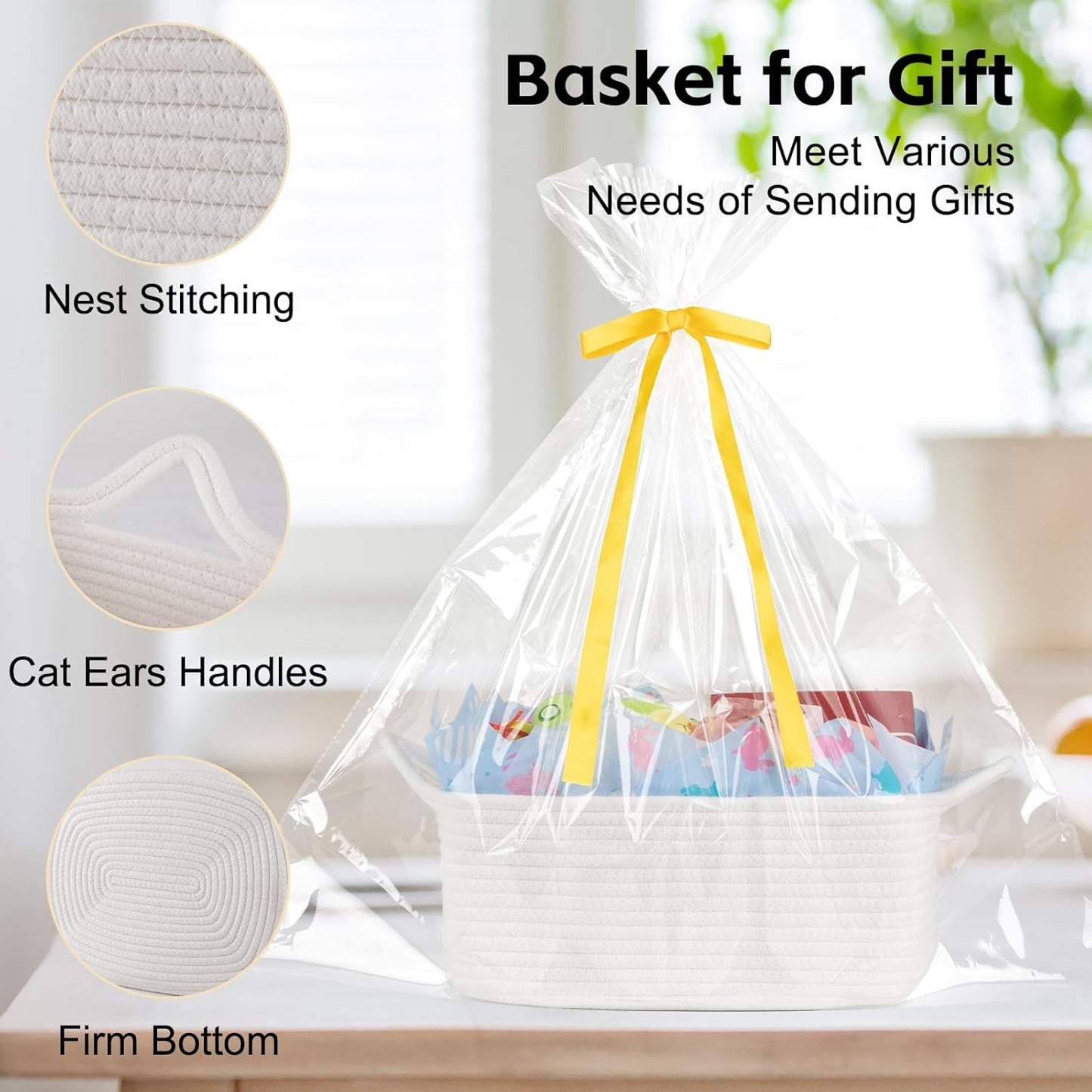 OIAHOMY Woven Basket, Gift Basket Empty with Gift Bags and Ribbons, Rope Baskets for Baby Showers, Storage Baskets with Handles for Nursery, Pet Toy Organizer - White
