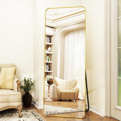 XRAMFY 56"x21" Floor Full Length Mirror Standing Full Body Rounded Corner Rectangle Mirrors with Stand Hanging Wall Mounted Leaning Bedroom Living Room Bedroom Cloakroom,Gold