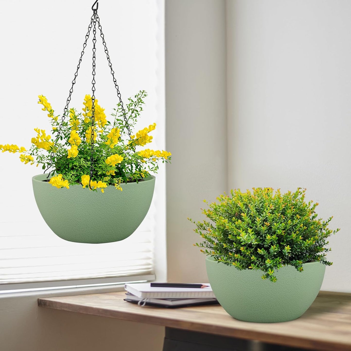 Meowell 10 inch Hanging Planters for Indoor Outdoor Plants, 2 Pack Hanging Flower Pots with Drainage Holes and Chain for Garden Porch, Plastic Hanging Baskets for House Plants, Speckled Grey