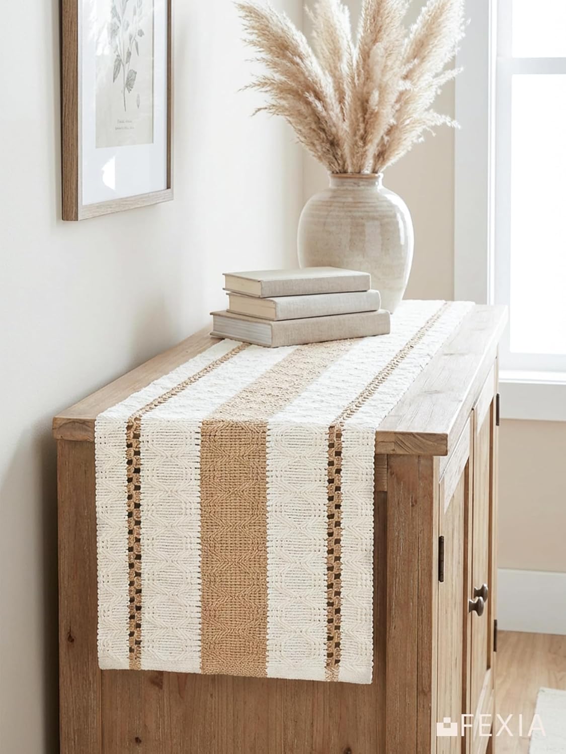 FEXIA Boho Table Runner for Thanksgiving Fall Christmas Home Decor with Tassels 72 Inches Long Pottery barn Furniture Farmhouse Rustic Macrame Burlap Table Decoration for Living Room (12x72 Inches)