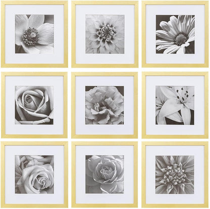 eletecpro 12x12 Picture Frames Set of 9 with Clear Acrylic Cover, Display 8x8 Photos with Mat or 12x12 Without, Classic and Sturdy Square Collage Gallery Wall Decor, Easy Wall Mount, Black