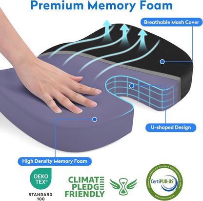 CushZone Seat Cushion - Memory Foam Office Chair Cushion for Sciatica, Tailbone & Back Pain Relief - Orthopedic Coccyx Pillow for Car, Airplane, Pregnancy & Long Sitting at Work, Black
