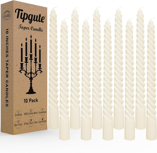 10 Pack Ivory Spiral Taper Candles 3/4×10 Inch – Dripless Smokeless Unscented Long Twisted Tapered Candle Sticks for Wedding Dinner Home Decor Advent Christmas – Cream Candlesticks