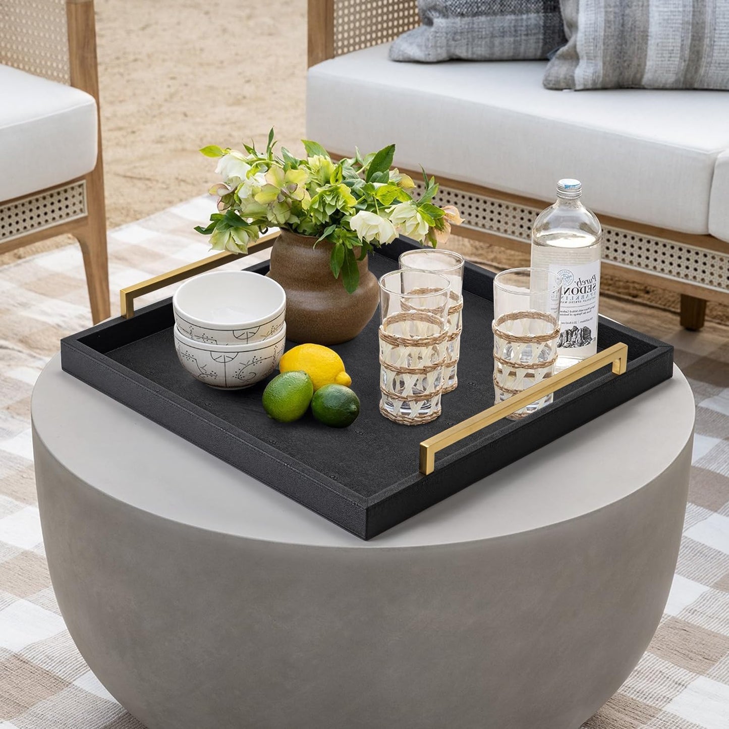 XIGEXIGE Ivory Shagreen Decorative Tray Large Rectangle Coffee Table Tray for Ottoman Faux Leather Serving Tray with Brushed Gold Handles