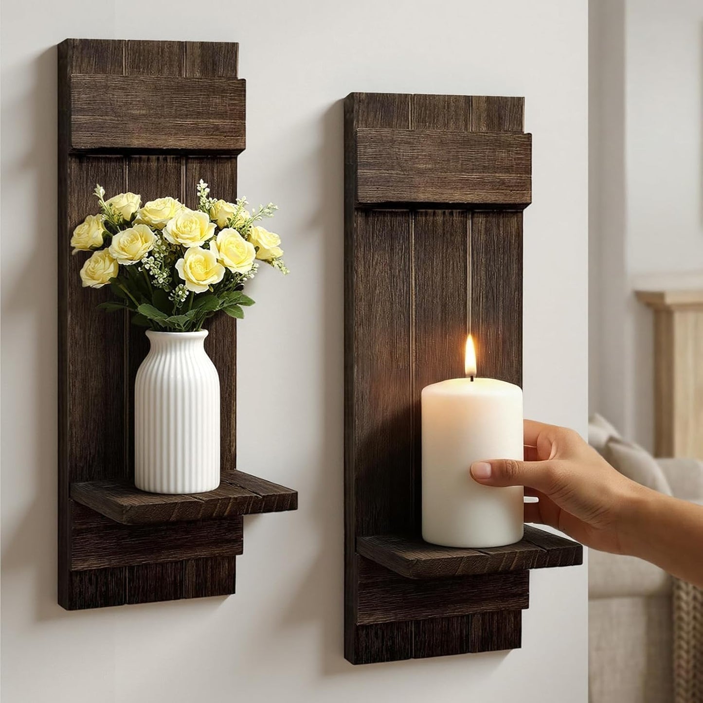 Candle Sconces Set of 2: Farmhouse Wall Candle Holder, Dark Brown Wood Wall Sconces Set of Two,Handmade Wooden Art Decor for Living Room, Dining Room, Bathroom, Bedroom, or Entryway, 15.7"x5"