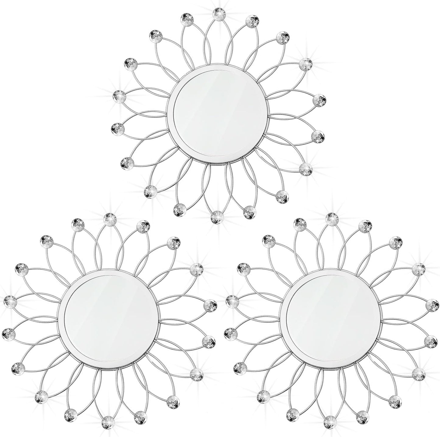 3 Pack Metal Mirrors for Wall Sunburst Wall Mirrors Home Décor Decorative Hanging Wall Art for Living Room Bedroom Entryway (Gold, Flower+Sunburst)
