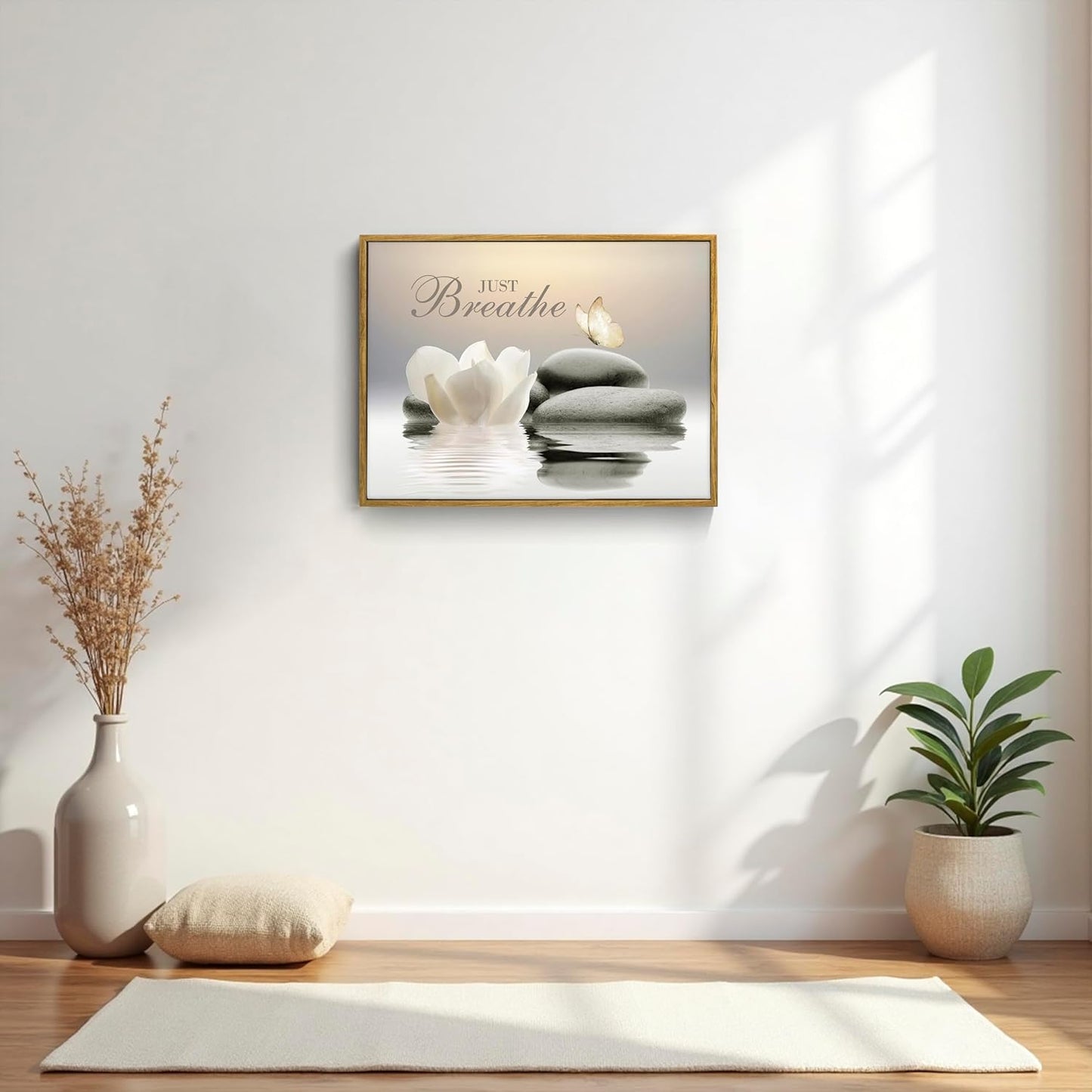 EOBTAIN Zen Flower Canvas Wall Art Bathroom Butterfly and Water Lily Stone Relaxing Spiritual Yoga Framed Wall Art Just Breathe Pictures Canvas Wall Decor for Living Room Bedroom,12x16 Inches