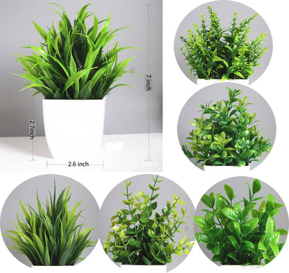 6 Pots Small Fake Plants Mini Artificial Potted Plants Eucalyptus Spring Grass Magnolia Bean Leaf and Rosemary Faux Plants for Table Desk Home Bathroom Office Farmhouse Decor, Grey